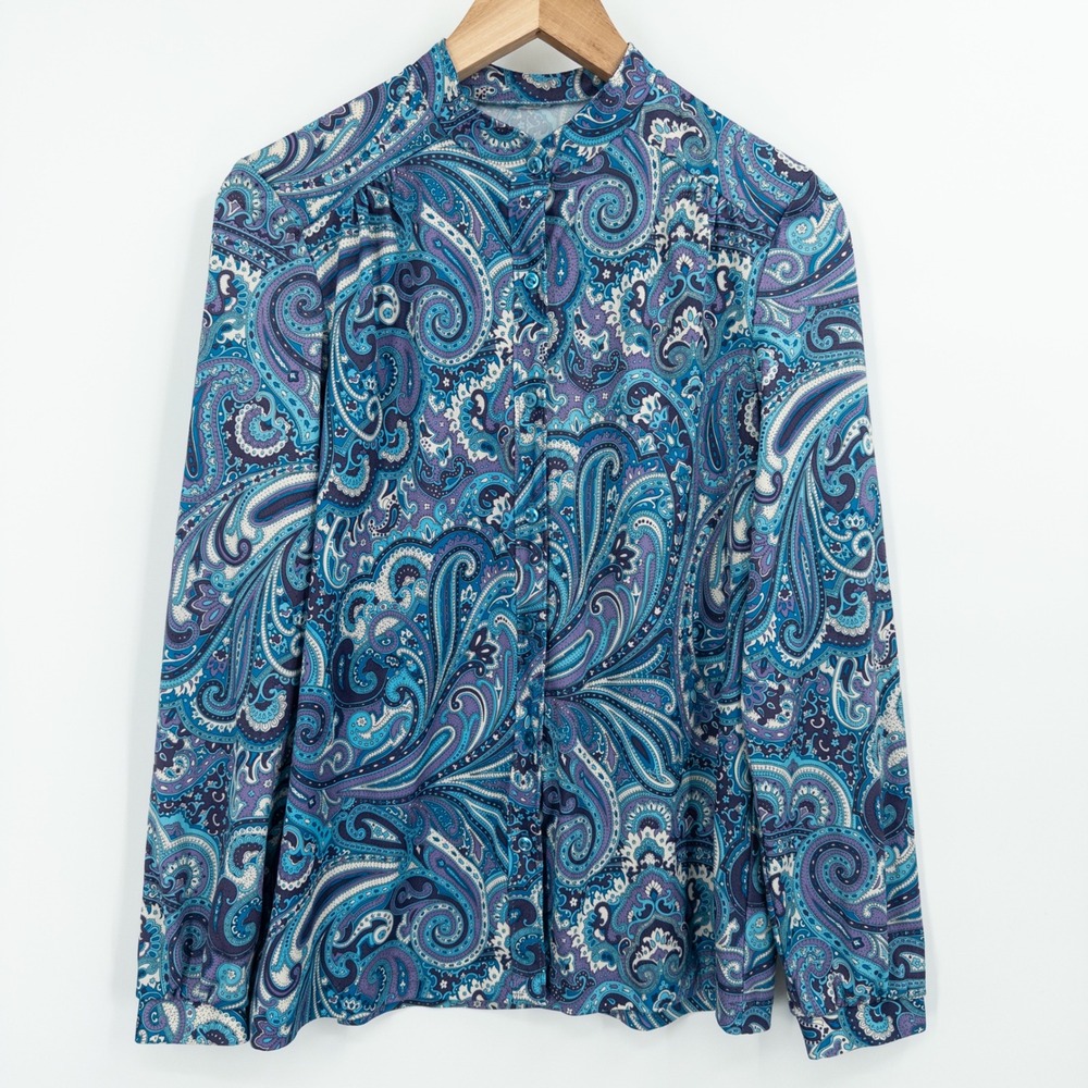 Vintage 70s Blue Paisley Top Womens M Long Sleeve Retro Boho Disco Groovy Mod‎